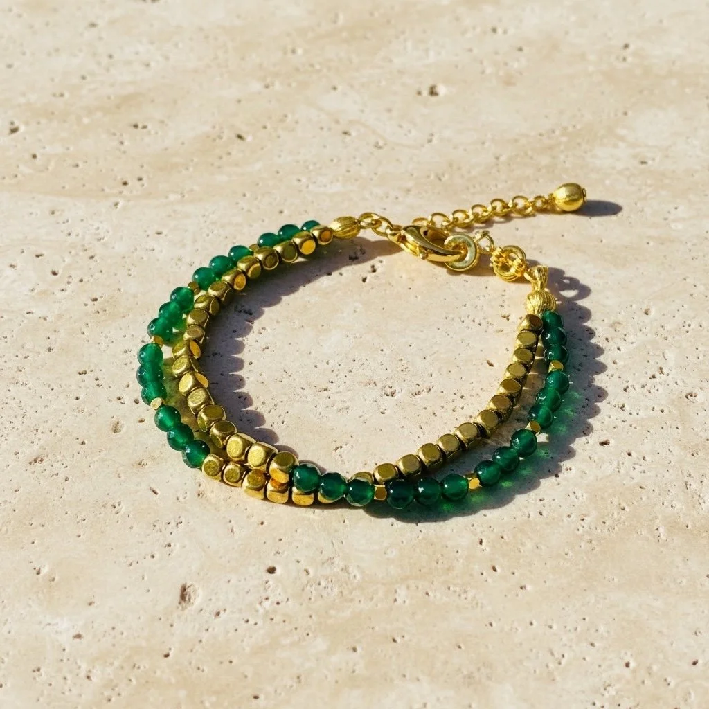 Green Agate beaded bracelet with gold-plated haematite accents