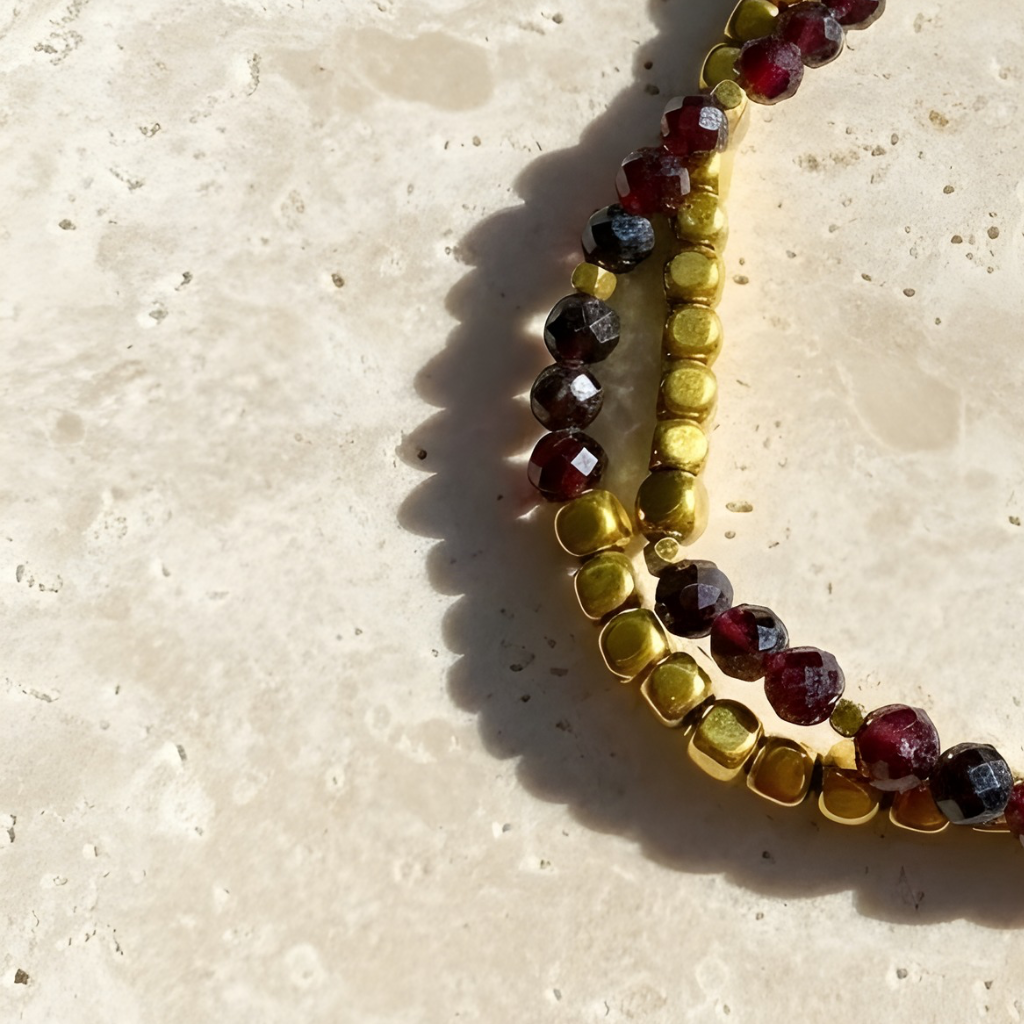 Deep red bead bracelet with gold details photographed close-up