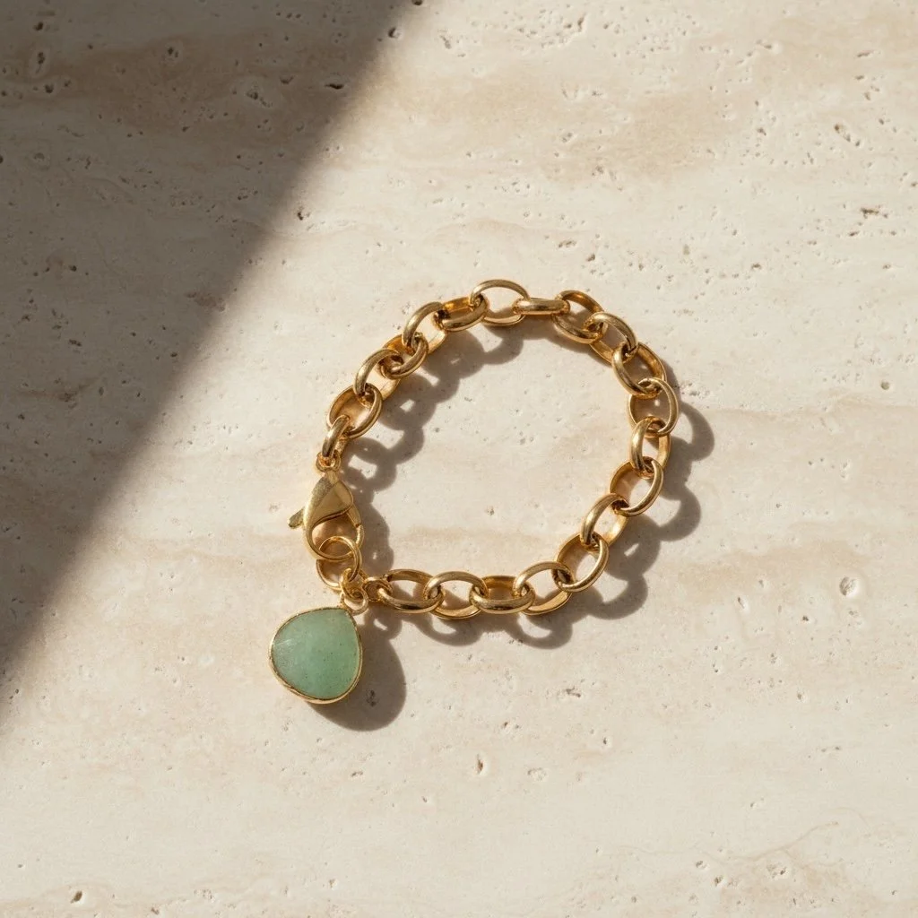 Zora Bracelet | PVD Gold Plated Stainless Steel Chain Bracelet with Green Aventurine Gemstone Pendant