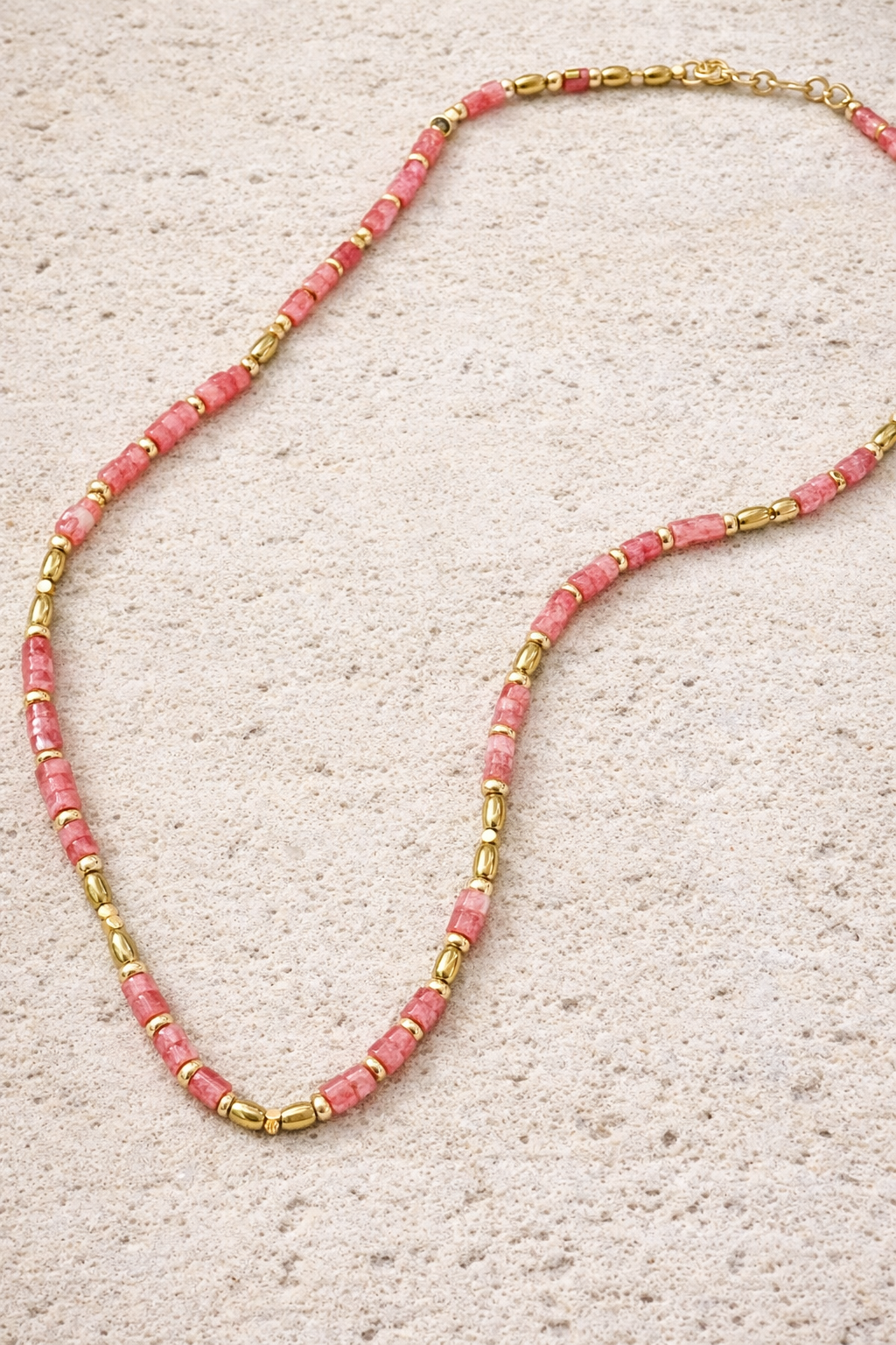 Coco Necklace | Rose Quartz Heishi Bead Necklace with 18k Gold Plated Haematite Accents