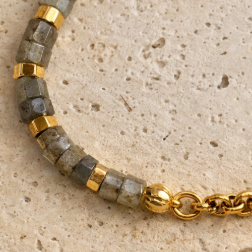 Close-up of labradorite beads showing soft iridescence