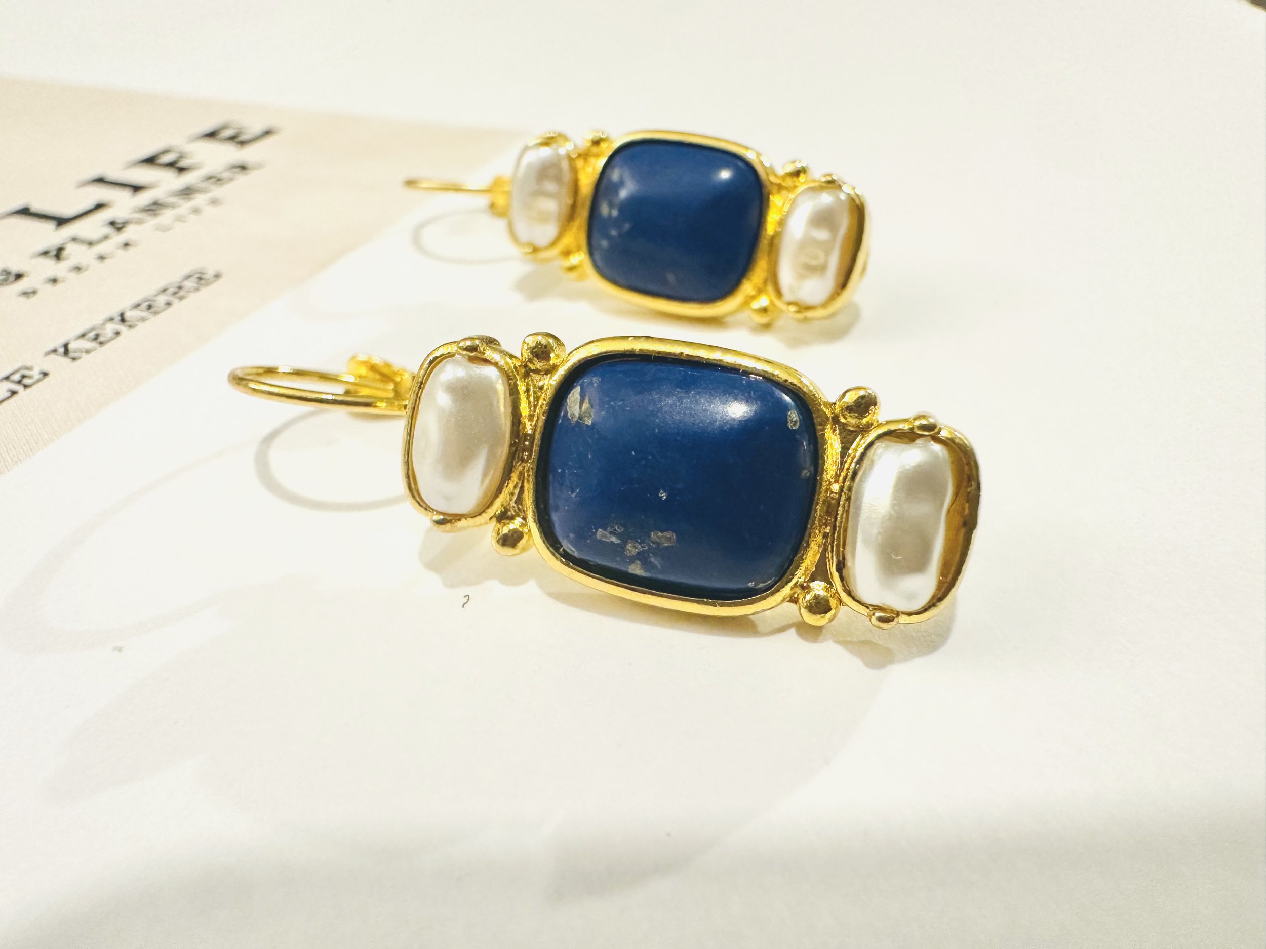 Gold-plated brass earrings featuring pearl and lapis lazuli gemstones, lightweight and hypoallergenic design