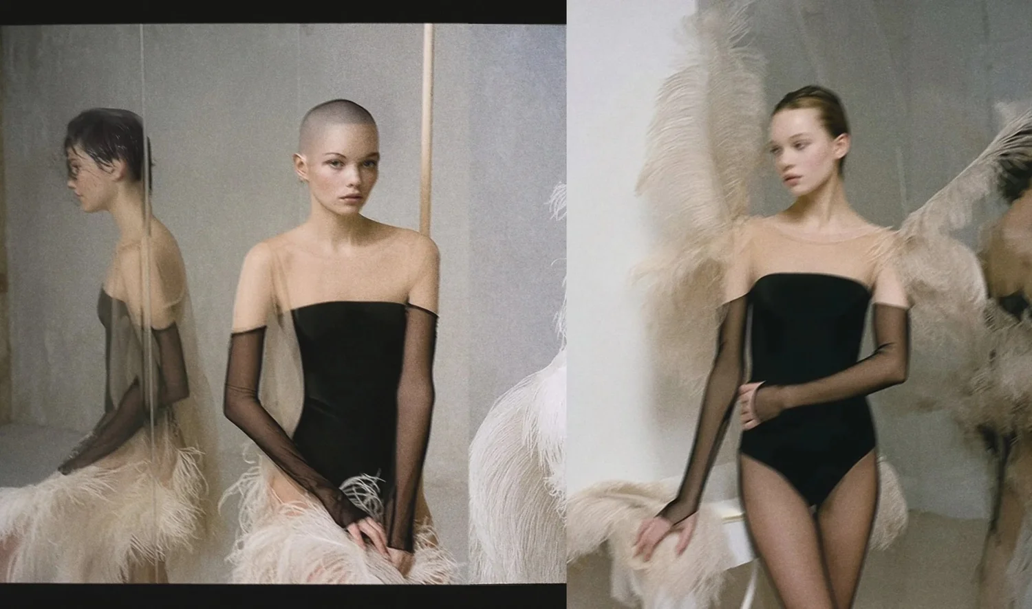 Maldire Black Noctivaga campaign: two dancers in black leotards with sheer sleeves