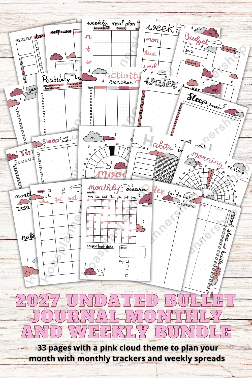 PDF ONLY | 2027 monthly bullet journal planner with pink cloud theme -33 pages- monthly, weekly spreads UNDATED | PRINTABLE downloads