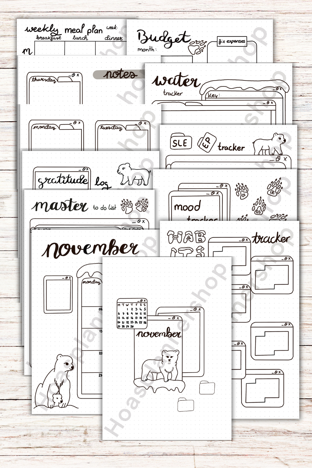 PDF ONLY | November 2026 BLANK monthly setup computer and polar bear theme 10 pages with weekly spreads | Printable downlads