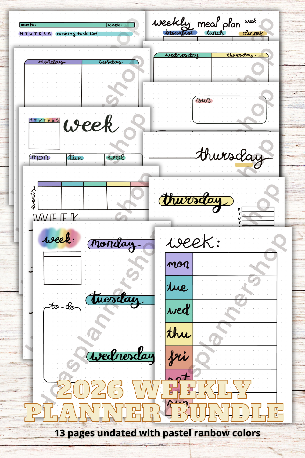 PDF ONLY | ultimate 2026 pastel rainbow weekly planner -13 pages- weekly planner + weekly meal planner UNDATED PLANNER | PRINTABLE downloads