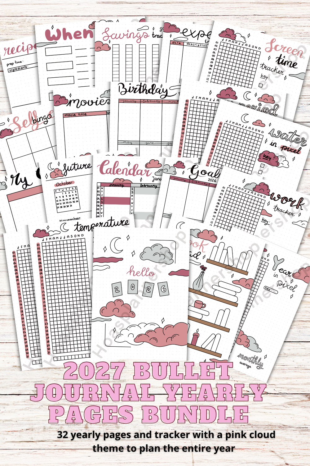 PDF ONLY | 2027 bullet journal planner with pink cloud theme -33 pages- yearly pages and trackers UNDATED PLANNER | PRINTABLE downloads