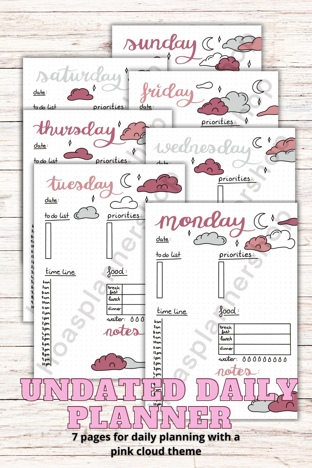 PDF ONLY | 2026 bullet journal daily planner with pink cloud theme -7 pages- daily planner for each day of the week UNDATED PLANNER | PRINTABLE downloads