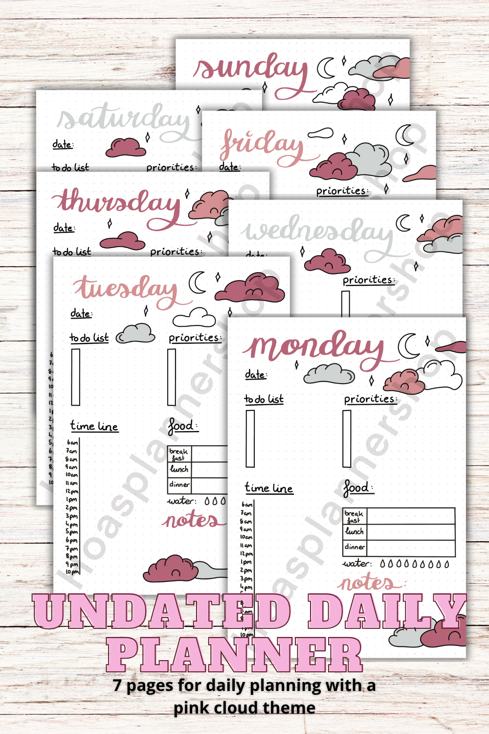 PDF ONLY | 2027 bullet journal daily planner with pink cloud theme -7 pages- daily planner for each day of the week UNDATED PLANNER | PRINTABLE downloads
