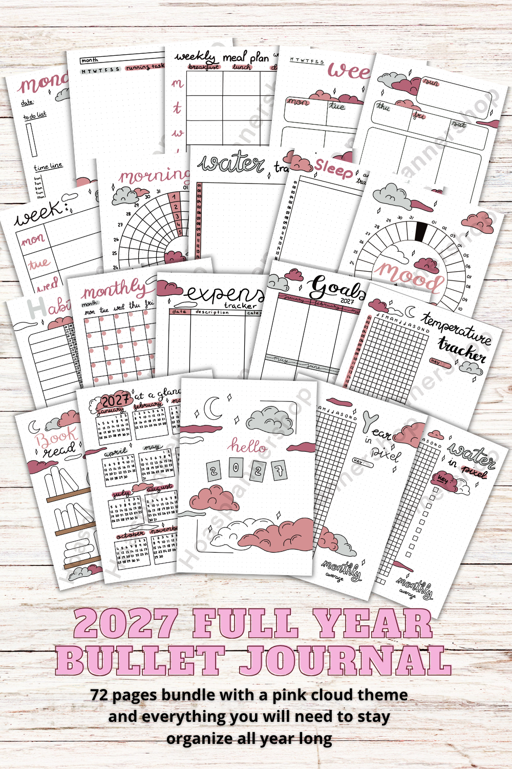 PDF ONLY | 2027 bullet journal planner with pink cloud theme -72 pages- yearly, monthly, weekly and daily UNDATED | PRINTABLE
