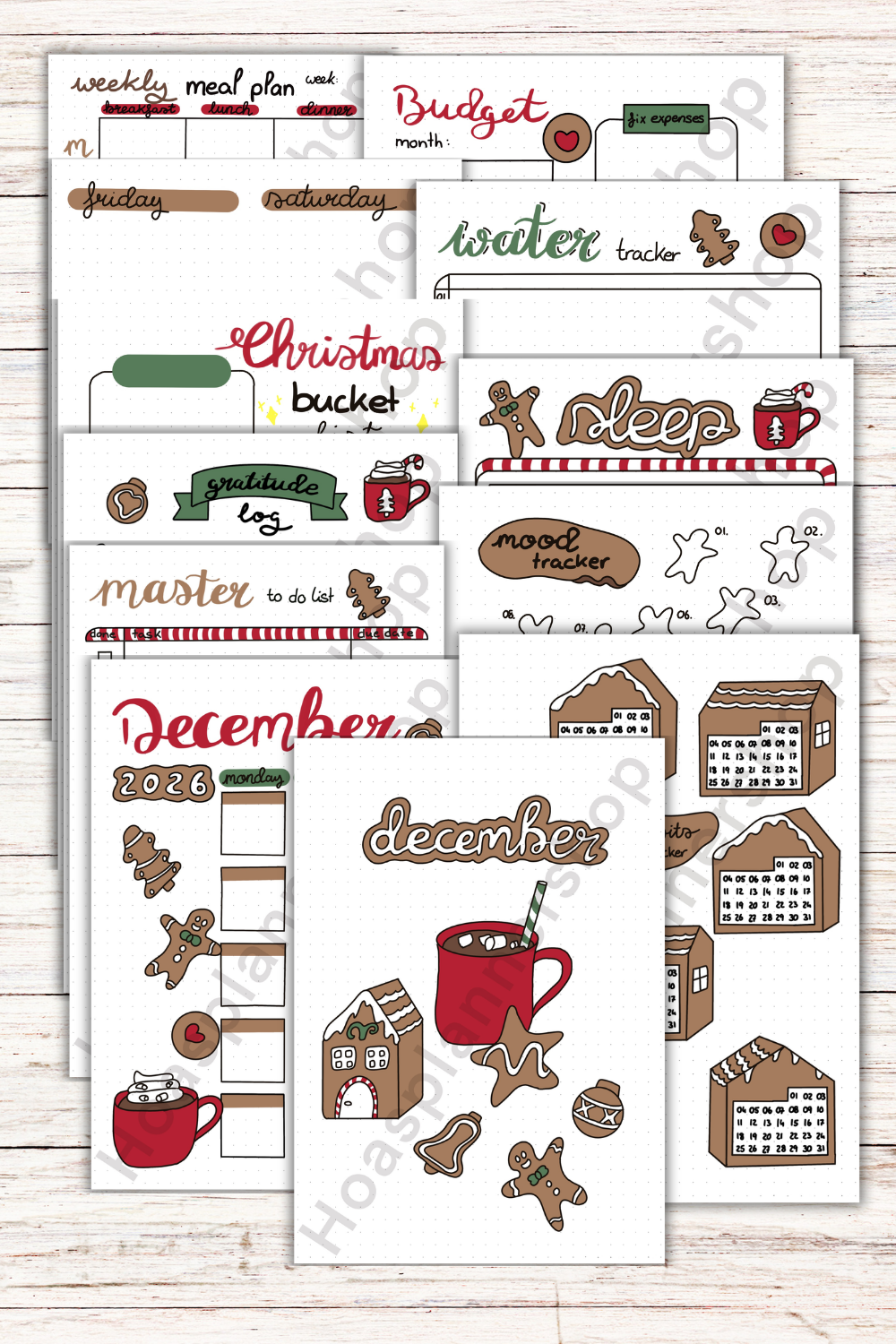 PDF ONLY | December 2026 monthly setup + holiday pages gingerbread cookies and hot cocoa theme 19 pages with weekly spreads | Printable download