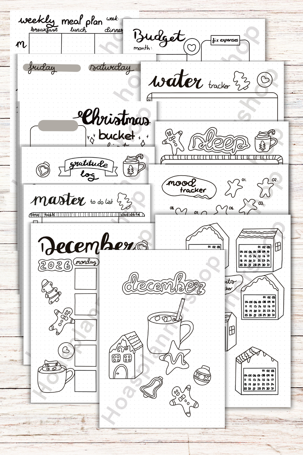 PDF ONLY | December 2026 BLANK monthly setup + holiday pages gingerbread cookies and hot cocoa theme 16 pages with weekly spreads | Printable downlads