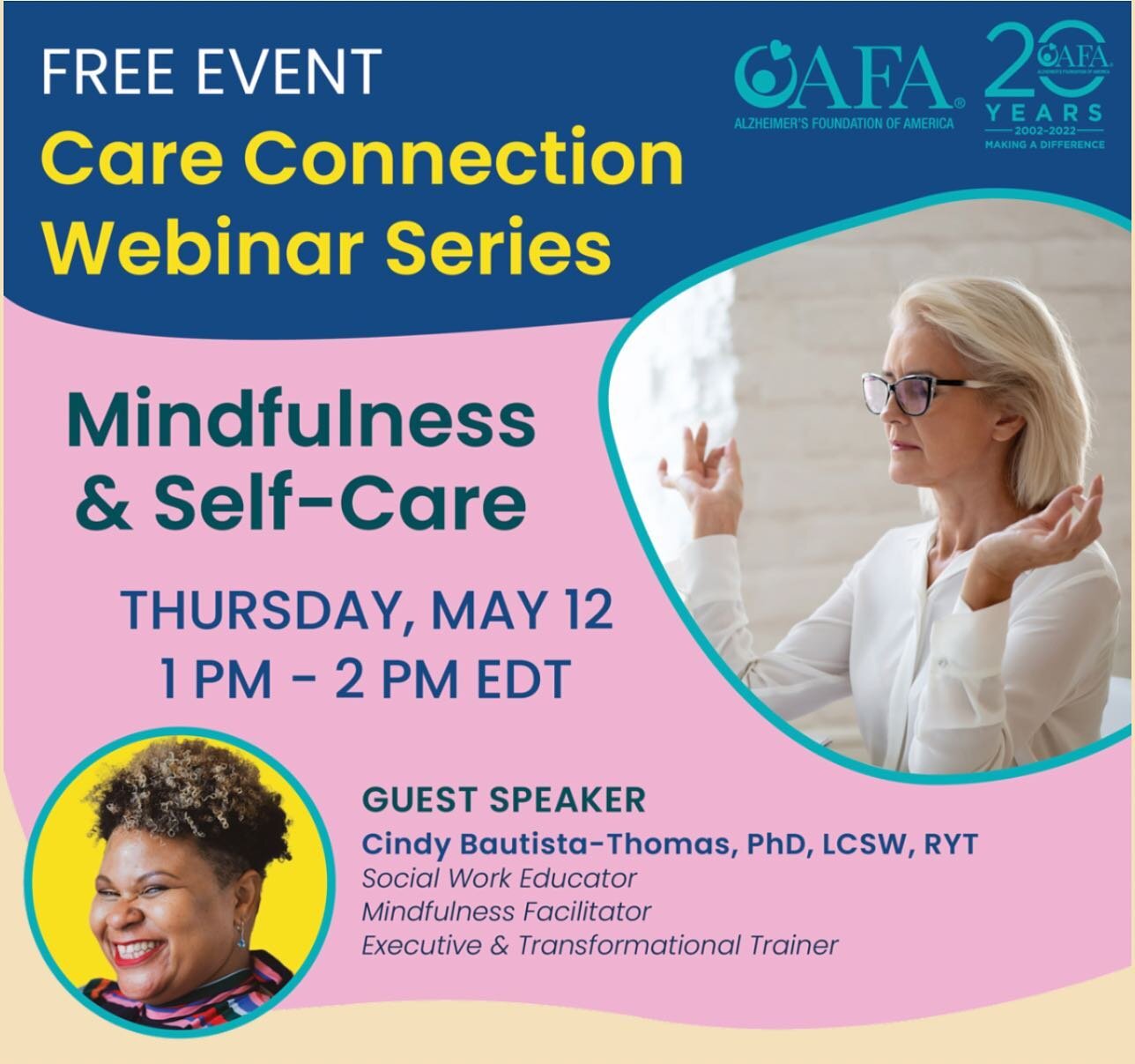 Join @drcindybautistathomas, social work educator, mindfulness facilitator, executive, and transformational trainer, for a 1-hour Care Connection on mindfulness and self-care, including leading us in a chair yoga practice. Leave this webinar with ski