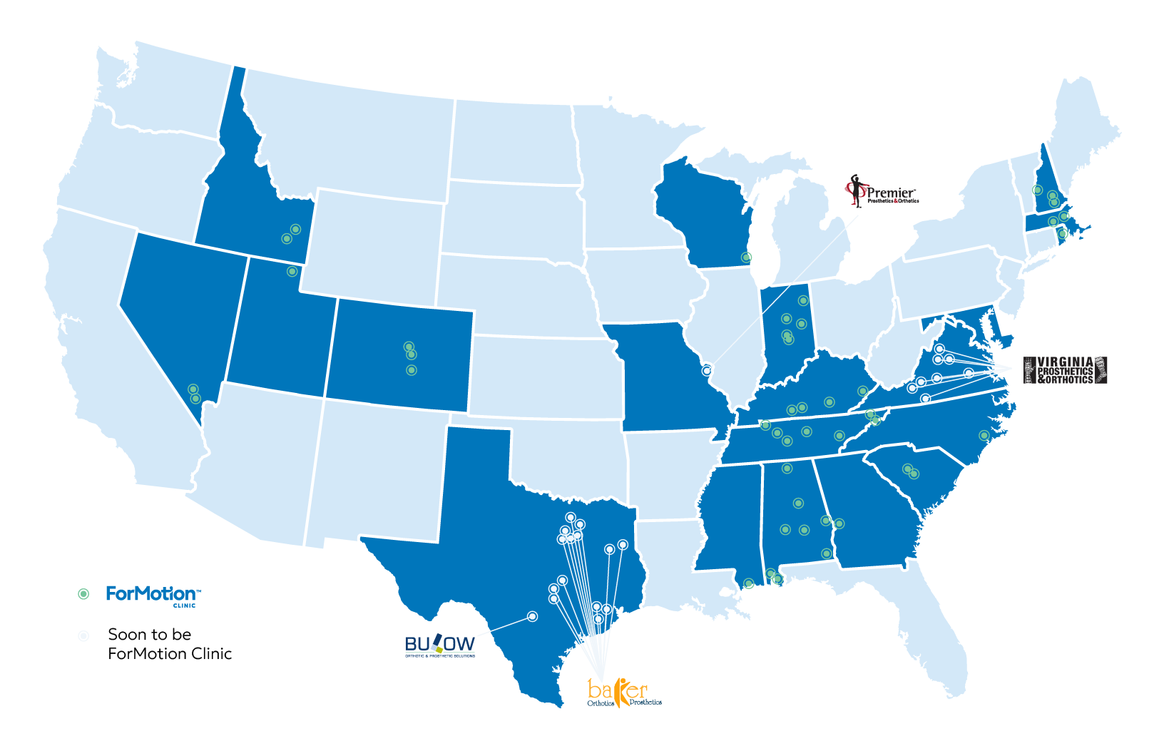 Map of ForMotion Clinics in the US.