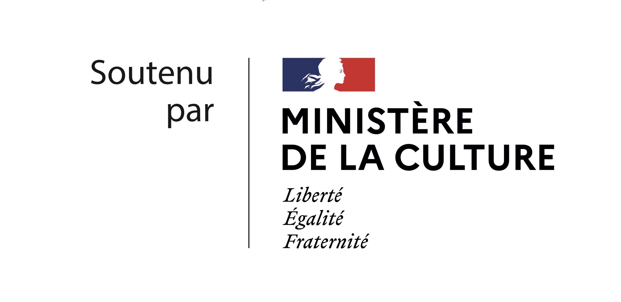 Logo du ministère de la Culture en France avec le drapeau français et une silhouette de femme. Textes : Soutenu par, Ministère de la Culture, Liberté, Égalité, Fraternité.