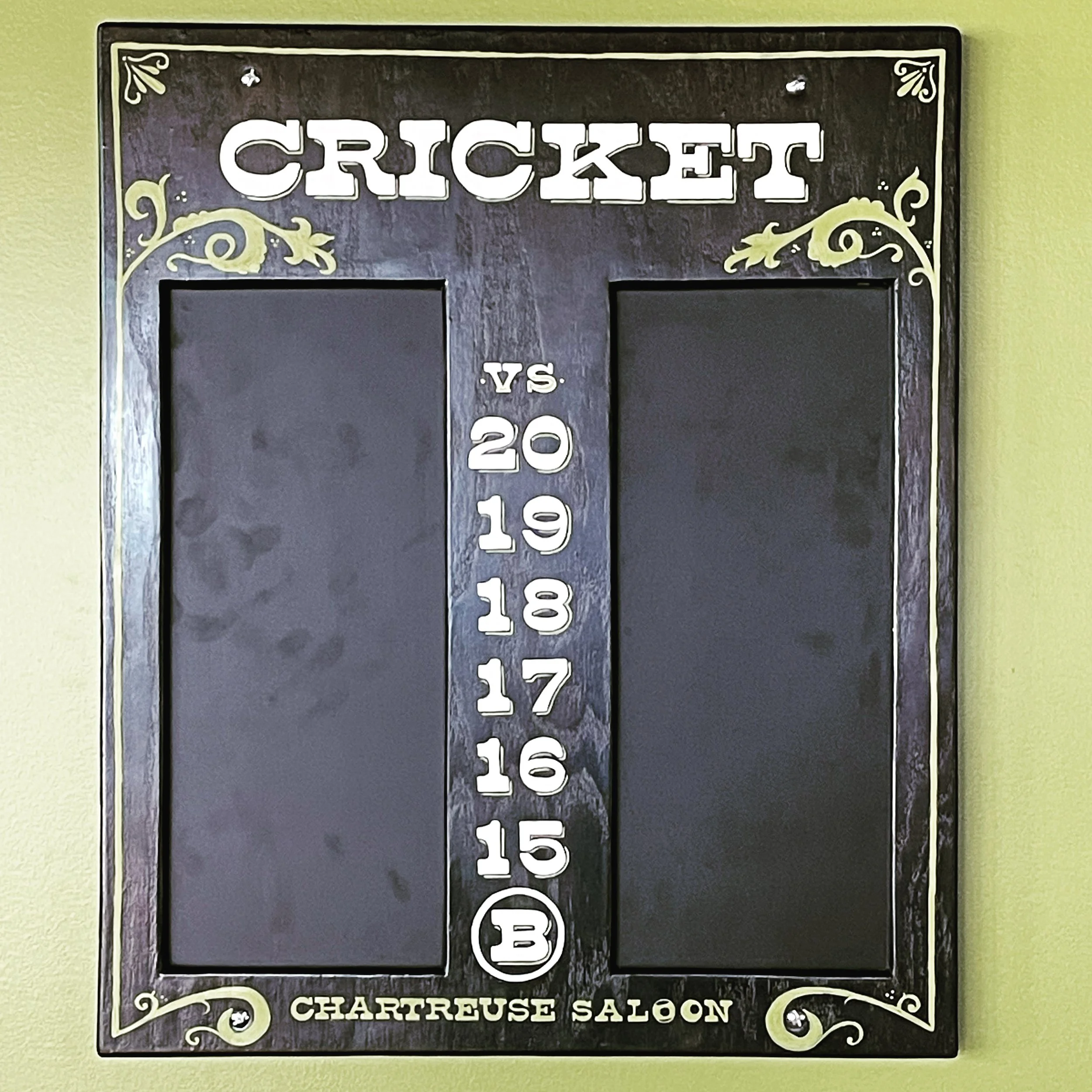 Custom Cricket scoreboards for guests who play darts at Chartreuse Saloon in Kansas City.