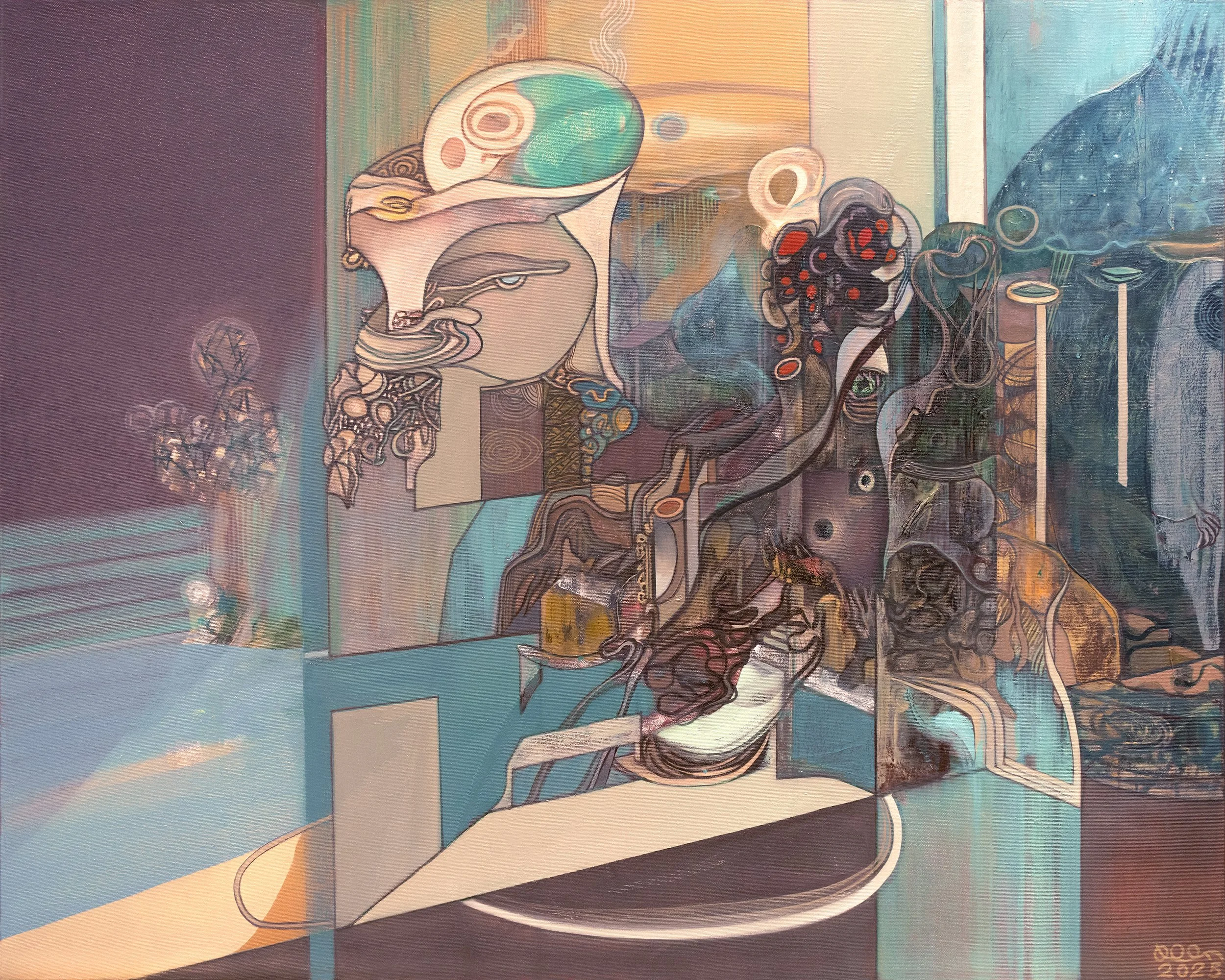 A painting of a surreal scene with a face-shaped teapot emitting steam, surrounded by abstract shapes and dark swirling forms, with a mix of bright and dark colors.