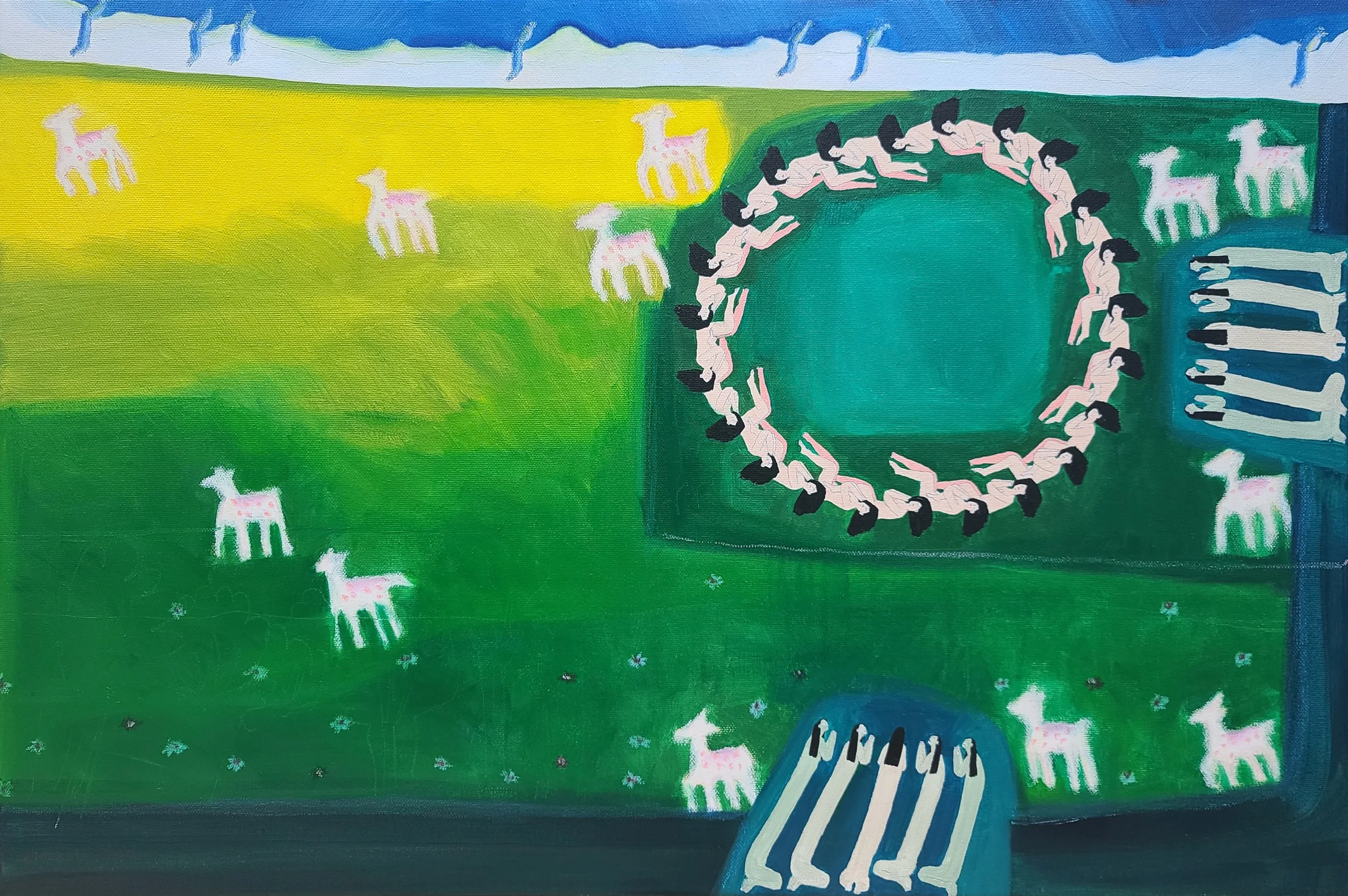 A vibrant, colorful painting depicting a surreal scene with stylized human figures, animals, and abstract elements, including white horses and groups of black-haired people, set against a backdrop of green fields, dark forest, and a blue sky with streaks of clouds.