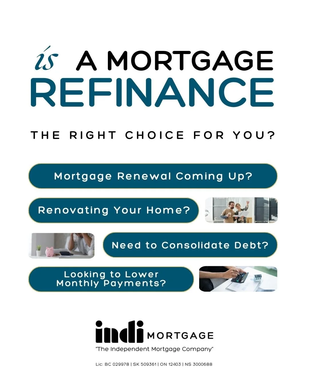 For many homeowners, refinancing is an opportunity to adjust their mortgage to better fit their current financial situation.

A refinance can be a great option if you're looking to consolidate higher-interest debt, fund renovations, access equity for