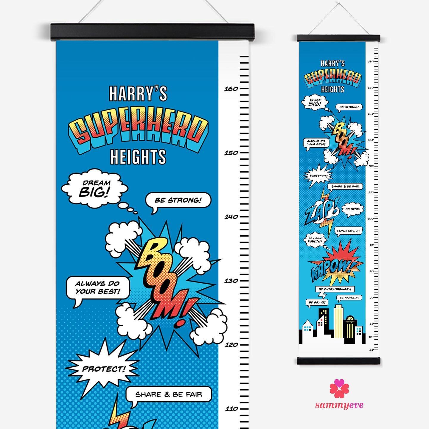 The Superhero Personalised Height Chart! Inspired by retro comic books and uses authentic fonts and traditional comic strip styles. Includes important codes of behaviour to inspire the little ones like &ldquo;Always do your best&rdquo;, &ldquo;Share 