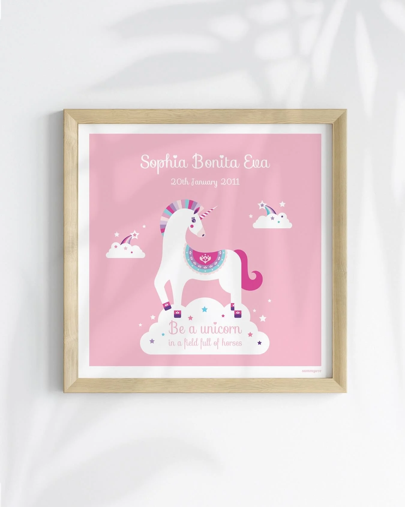 Looking for something sweet and uplifting for a nursery or a heartfelt gift for a special little someone? This personalised unicorn print brings a touch of magic to any room.

Featuring the charming quote, &ldquo;Be a unicorn in a field of horses&rdq