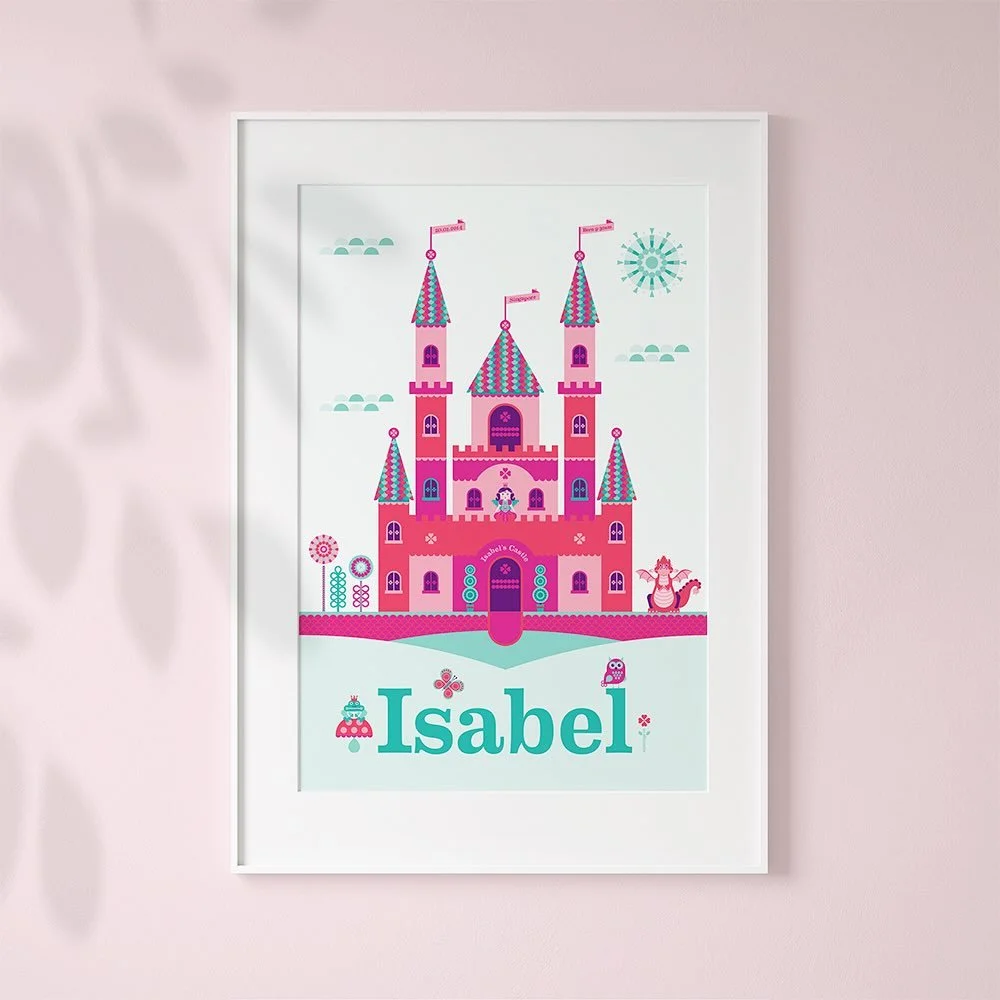 Whether you&rsquo;re decorating a nursery or searching for a beautiful and heartfelt keepsake for a special little someone, Sammyeve&rsquo;s personalised art prints make the sweetest gift.

This whimsical princess castle can be customised with your c