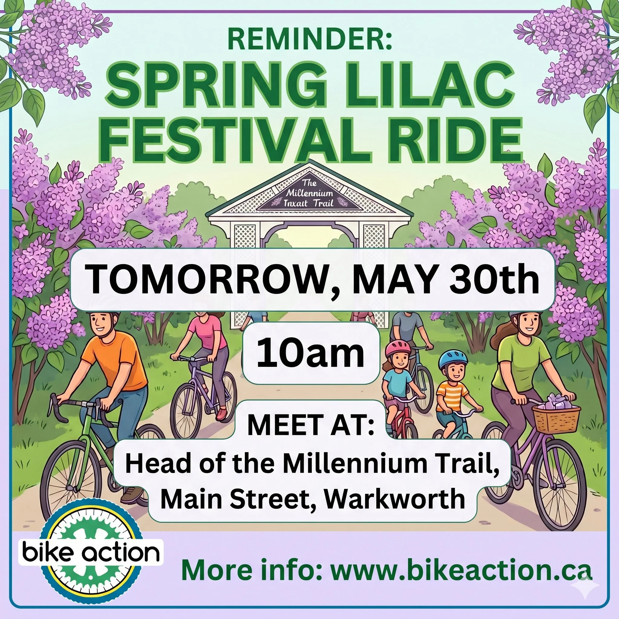 Join us tomorrow for a Spring Lilac Festival ride from Warkworth to Goodrich Loomis park on backroads and hidden lanes. Meet at 10am at the Millennium Trail. 

Parking downtown will likely be busy. Riders are allowed to use Allen Insurance parking sp