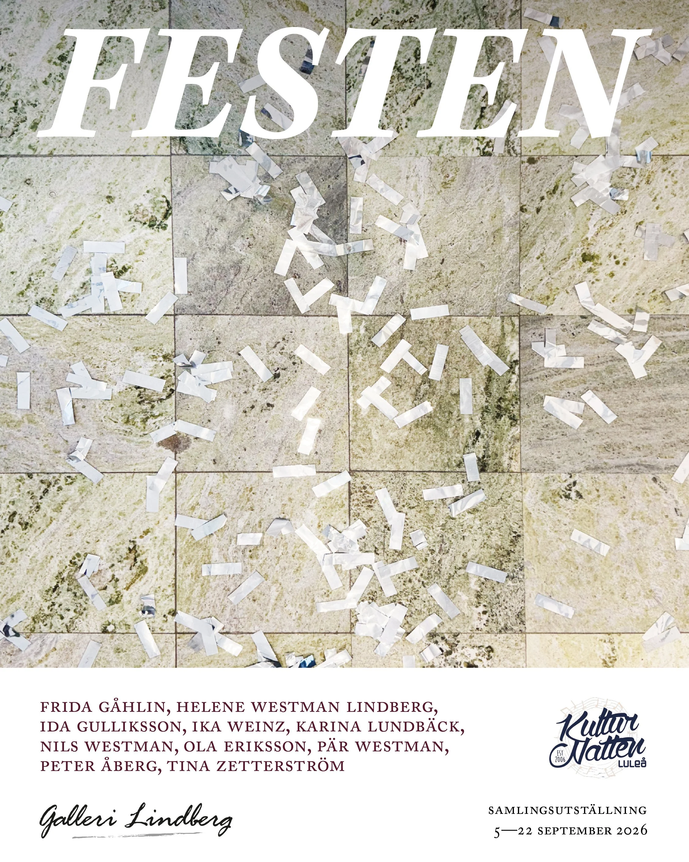 Samlingsutst&auml;llning &ndash; FESTEN
Vernissage Kulturnatten l&ouml;rdag 5 september 12.00&ndash;21.00

Galleri Lindberg fyller 20 &aring;r och ska snart flytta till nya lokaler. Det ska vi fira med en samlingsutst&auml;llning med vernissage p&ari