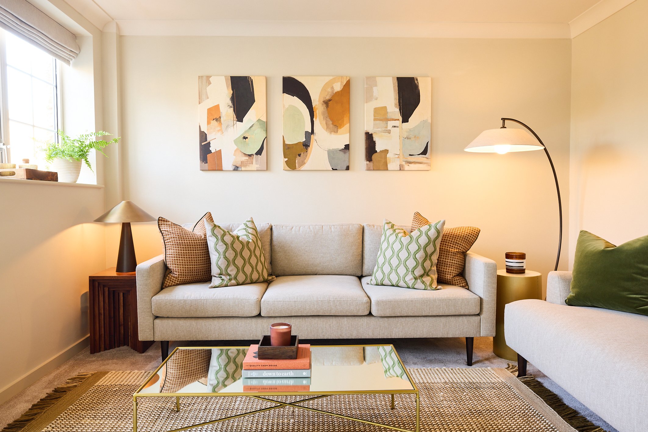 A mid-century modern living room, 3-seater sofa.