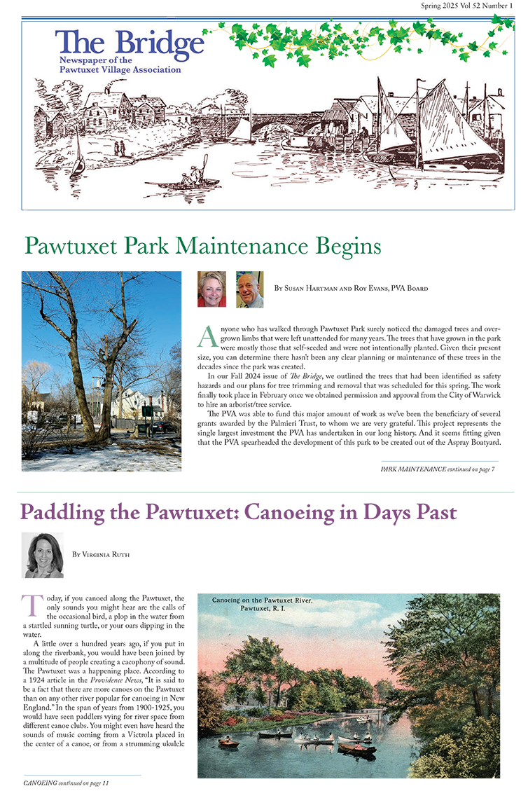 A summer scene of a park with leafless trees, benches, and buildings in the background, with a clear blue sky. A vintage illustration of boats on the Pawtuxet River, Pawtucket, Rhode Island, is also visible.