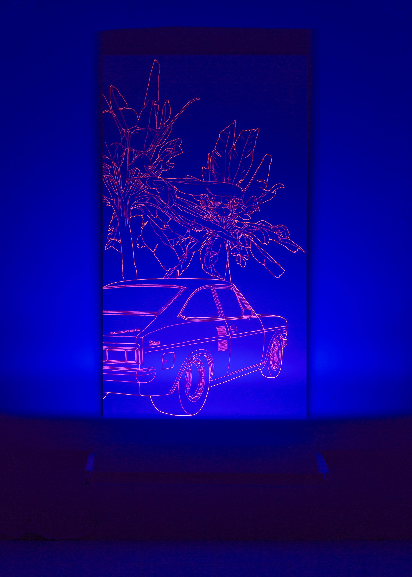 Datsun (Night version), 2021, Cel-Paint, Acrylic Gouache on canvas with black light, 36 x 64 inches