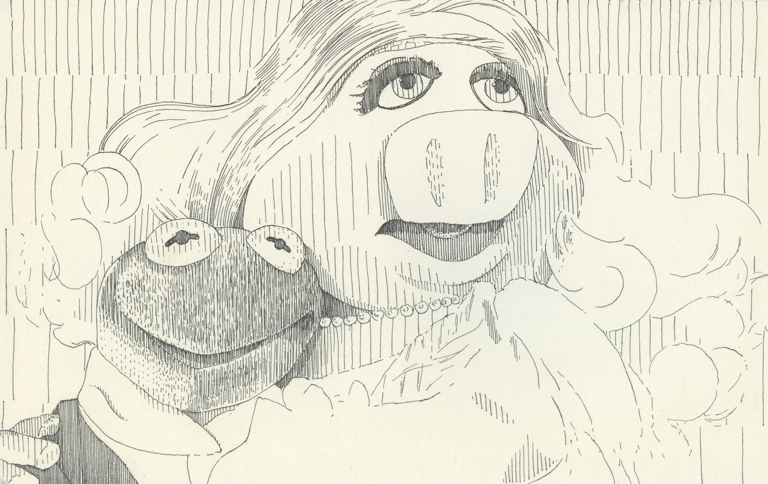 Miss Piggy and Kermit, 2025, Rotring Rapidograph .13 on Moleskine paper, 5 x 8 inches $500