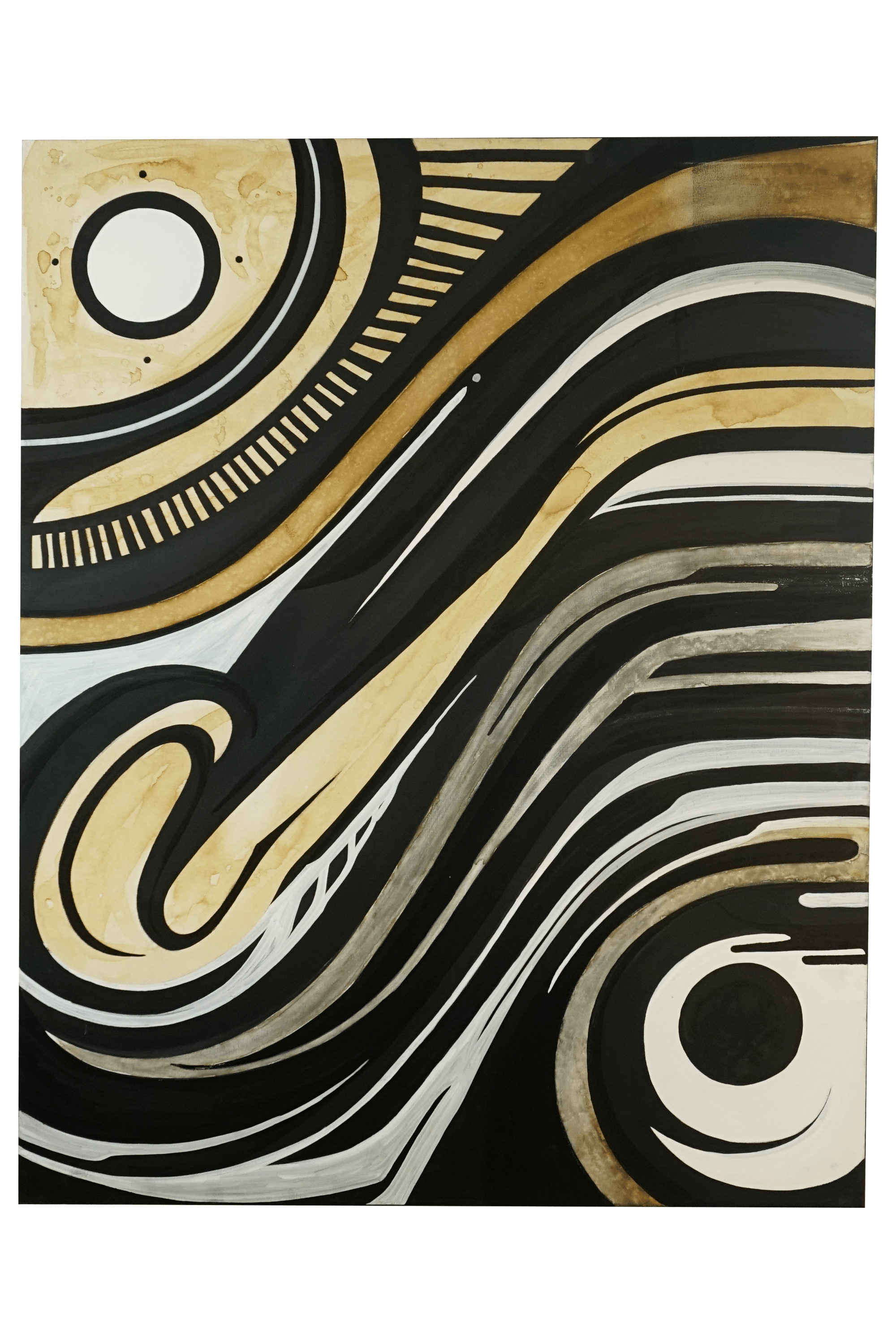 Abstract black, white, gold, and gray geometric artwork with concentric circles and flowing lines.