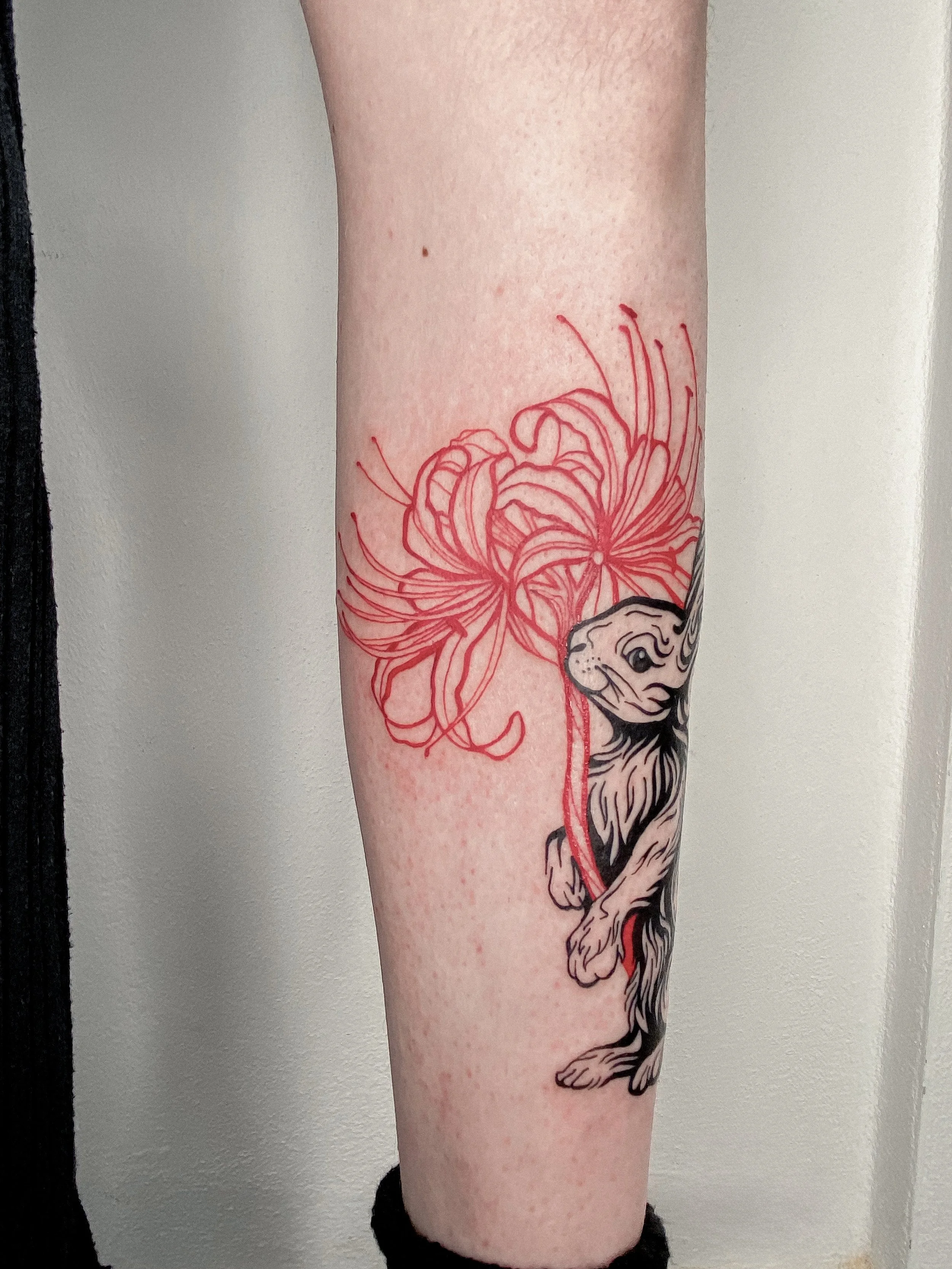 Tattoo of a tiger cub holding a large red flower, with the flower's petals and stamen extending outward.