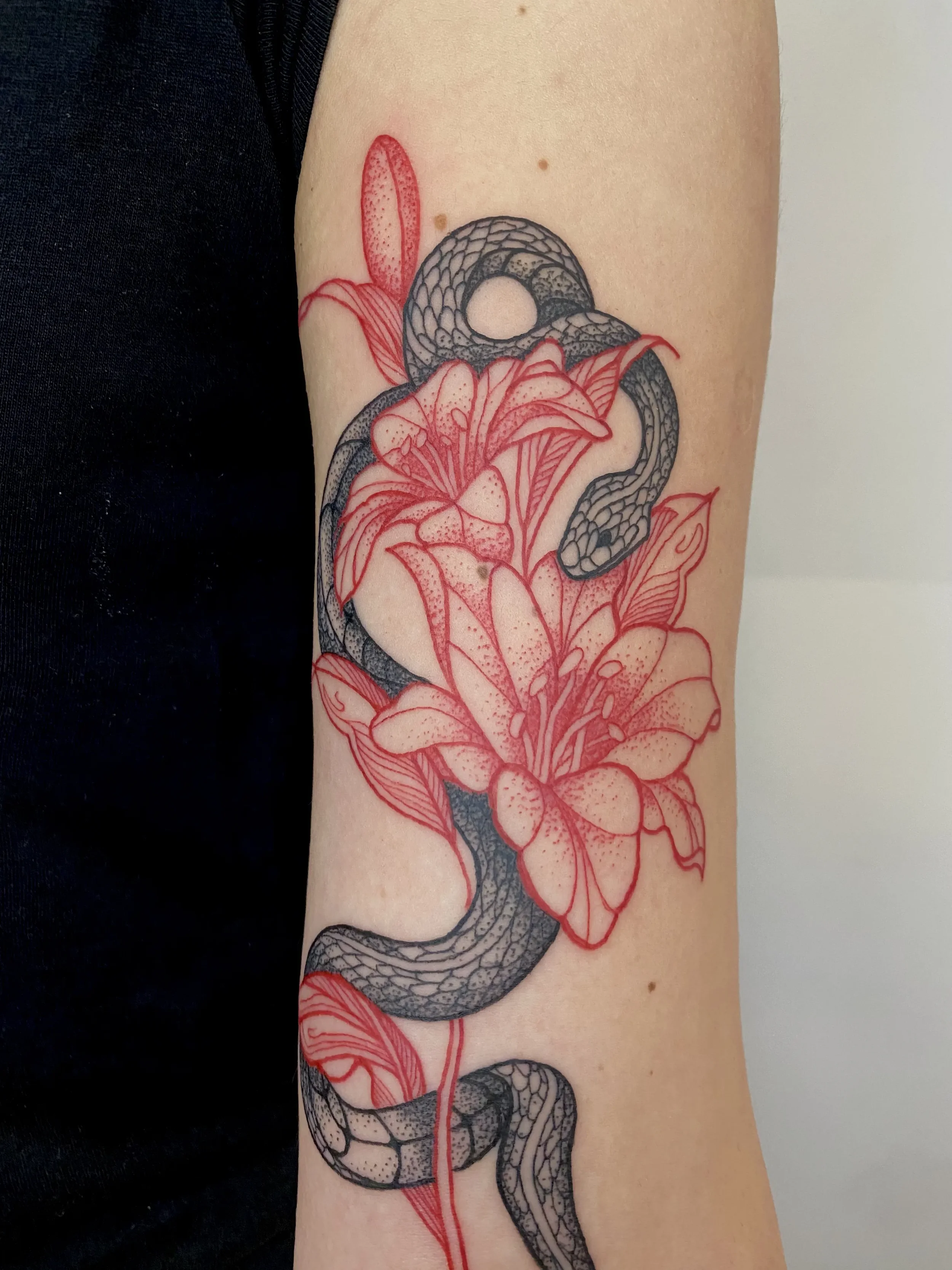 Tattoo of a snake intertwined with flowers, with red and black ink, on a person's upper arm.