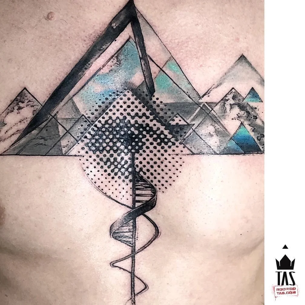 Abstract geometric tattoo of mountains with DNA helix