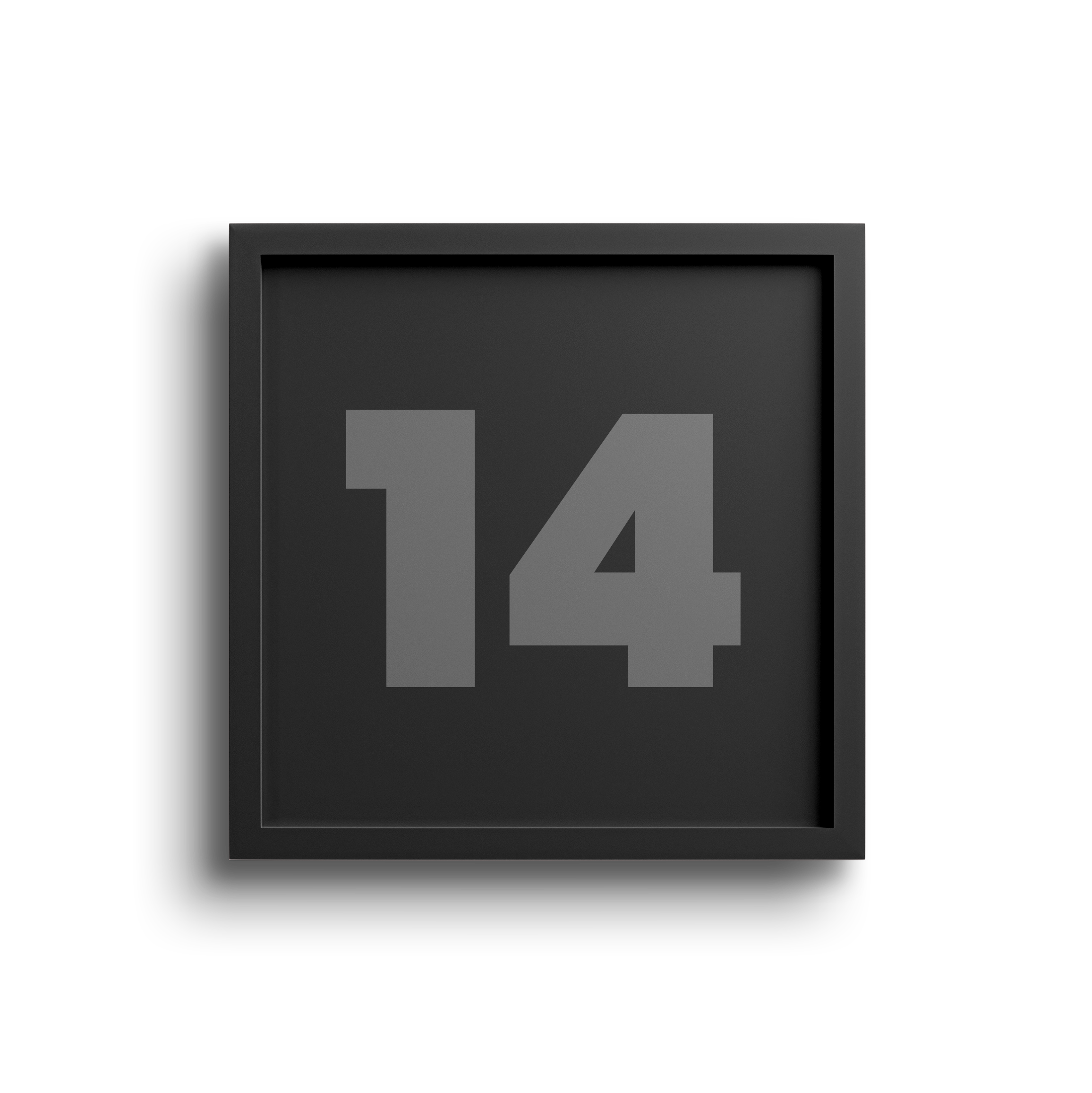 Digital black and gray countdown timer displaying the number 14, mounted on a wall with a partial beige wall visible on the right side.