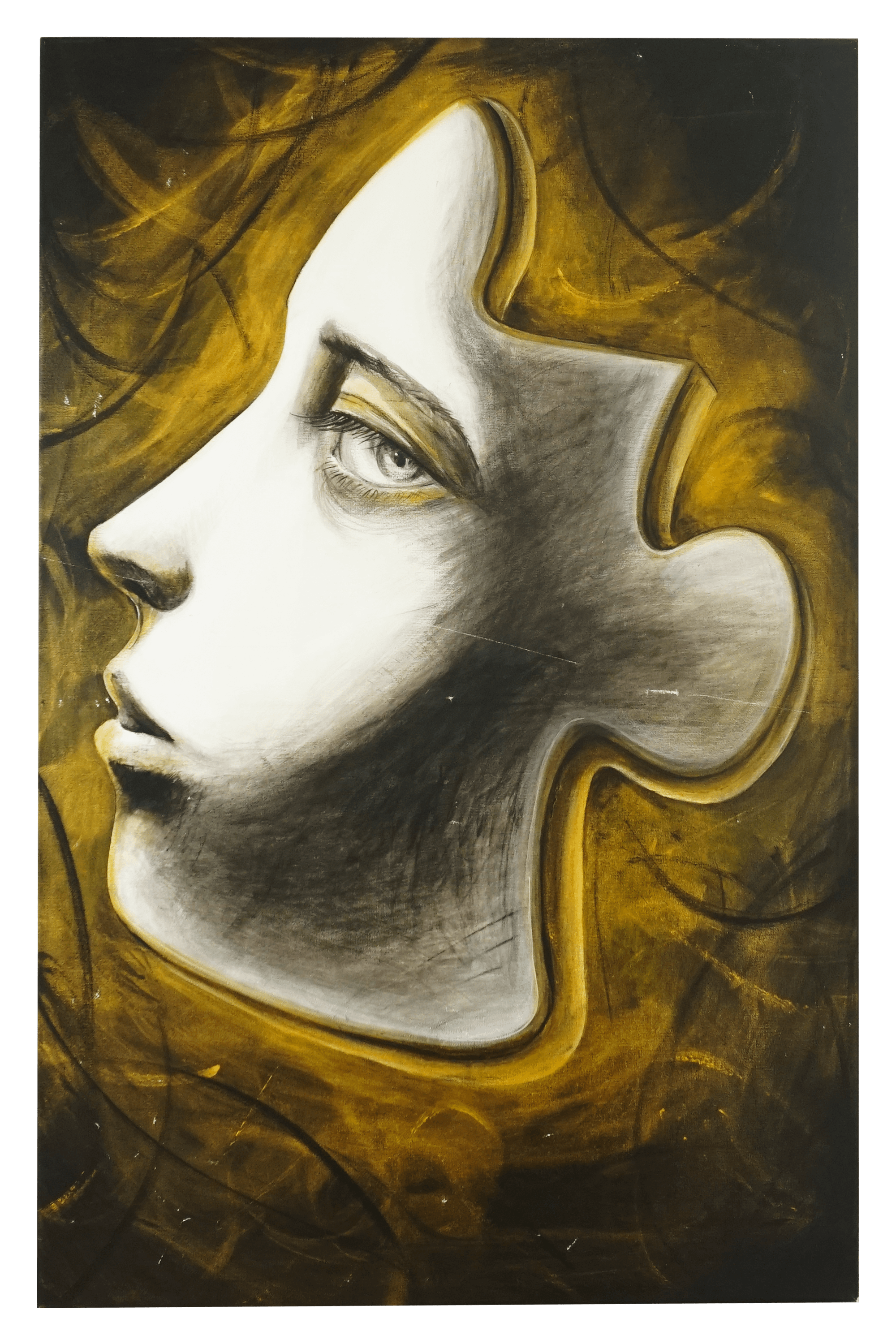 This is an abstract artwork of a woman's face in profile, with the profile blending into a puzzle piece shape, surrounded by a golden-brown background with textured brushstrokes.