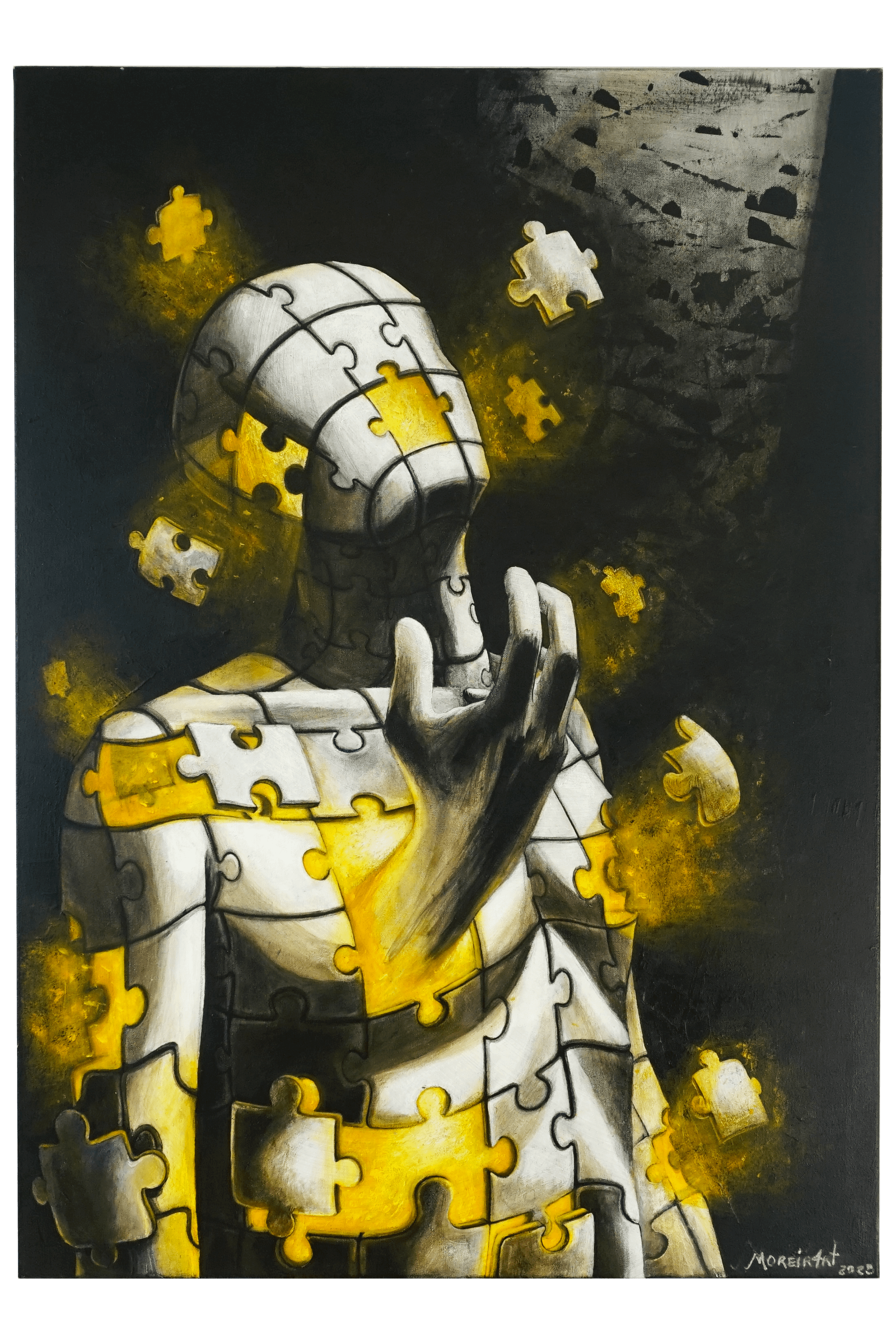 A digital painting of a faceless human figure assembled from puzzle pieces, with several pieces floating around. The figure's hand is near its face, and glowing yellow light emphasizes some puzzle pieces, creating a mysterious, introspective mood.