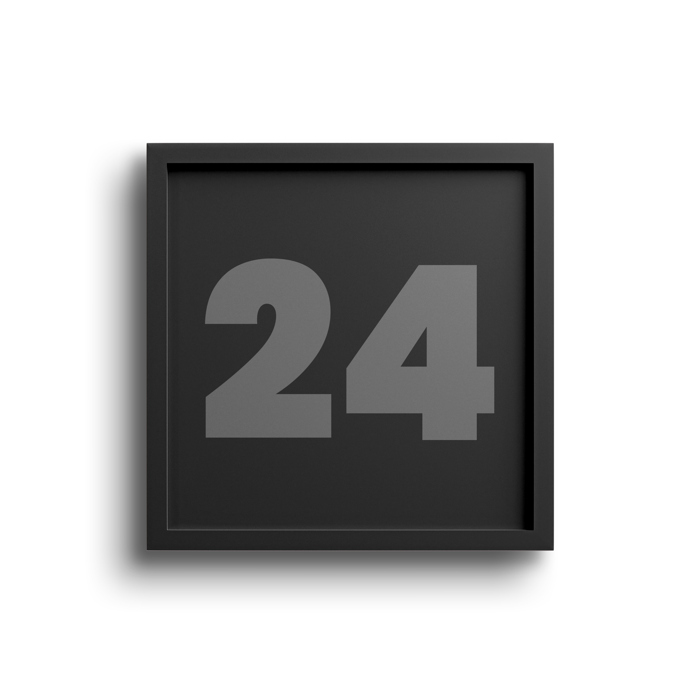 Black digital clock displaying the number '24' in gray digits, with a light pink wall on the right side.