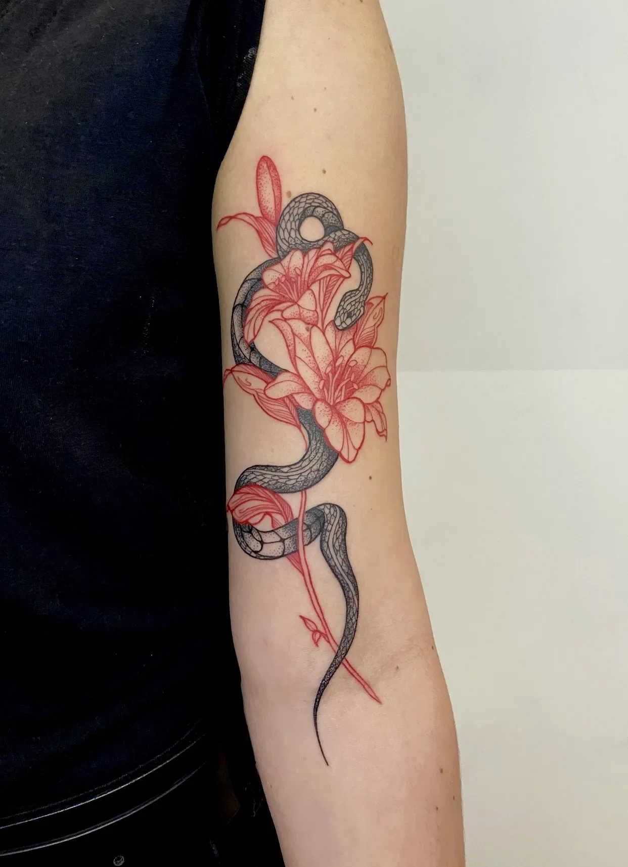 Tattoo of a black and gray snake intertwined with red floral designs on a person's arm.