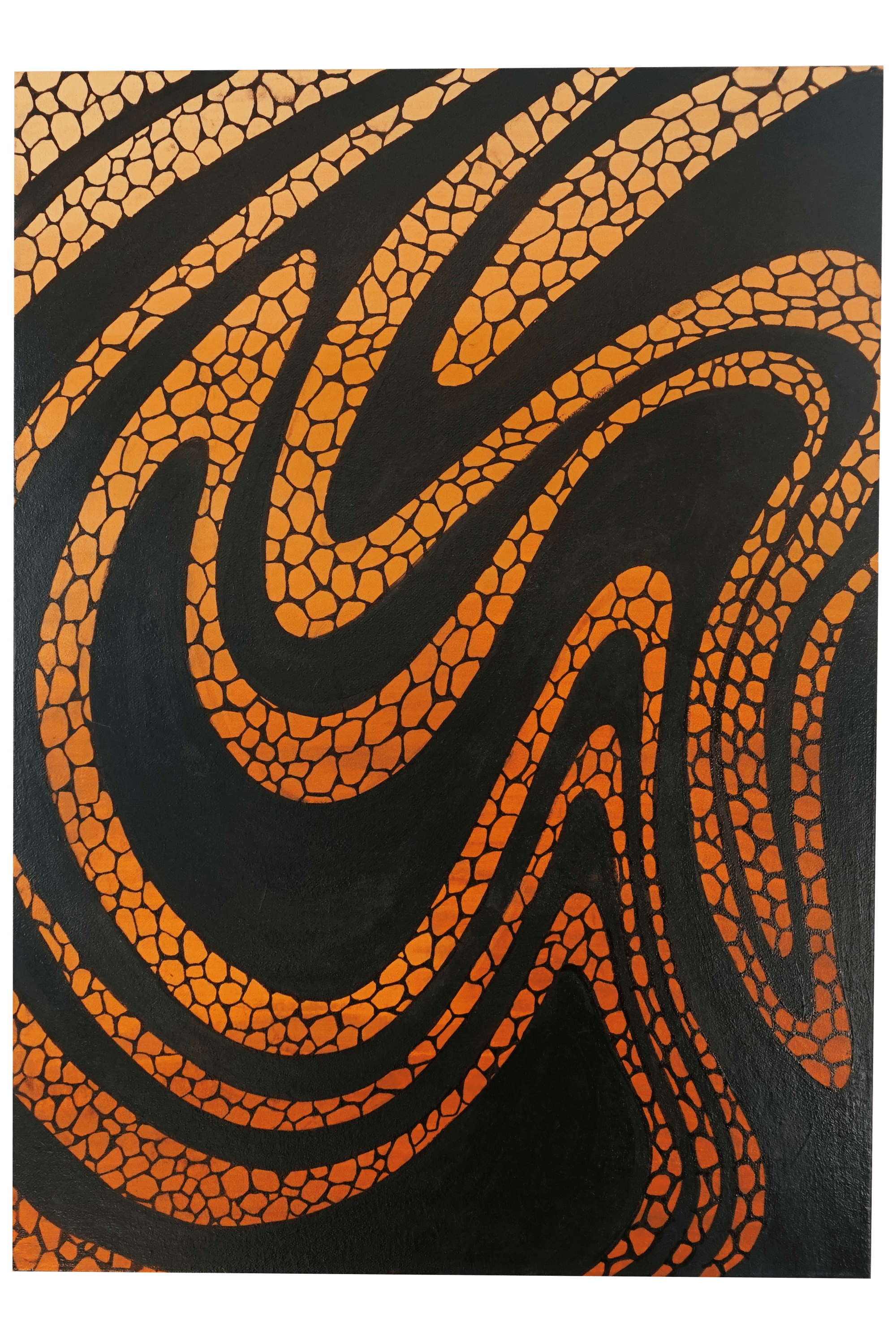 Abstract painting with black background and orange mosaic-like swirling lines.