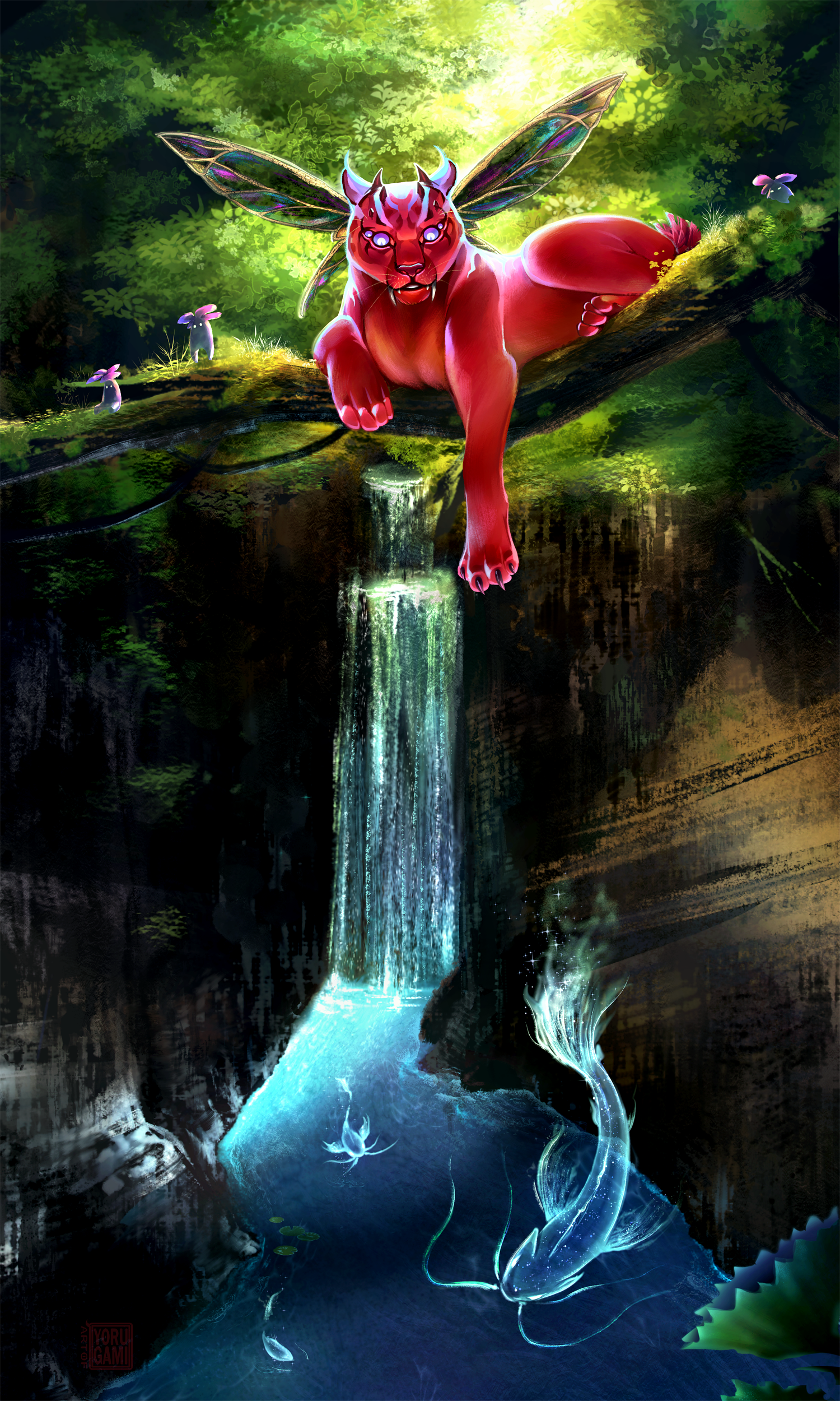 Illustration of magical jungle cat sitting atop a waterfall in dense brush.
