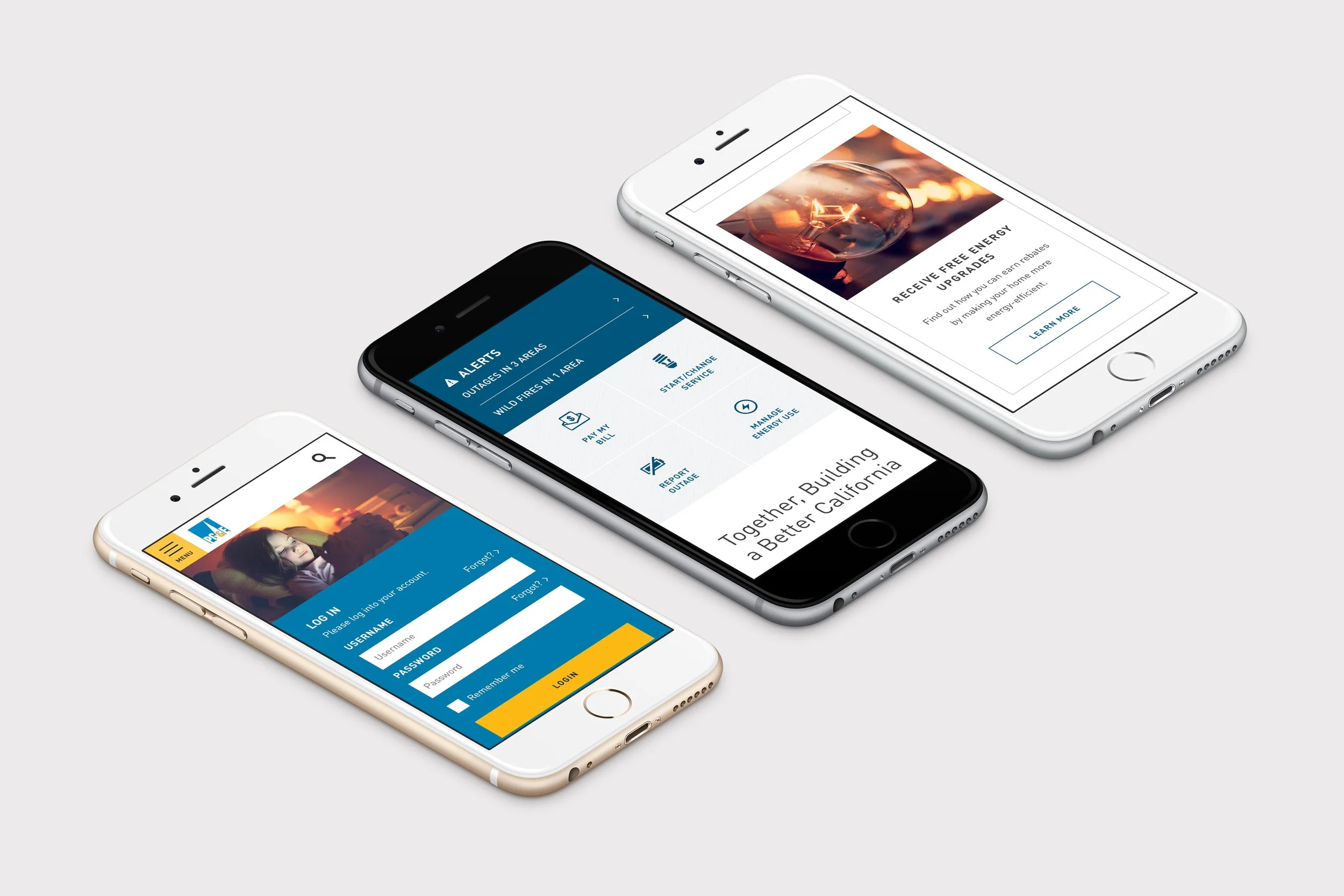 Mockup of pge.com on three mobile devices.