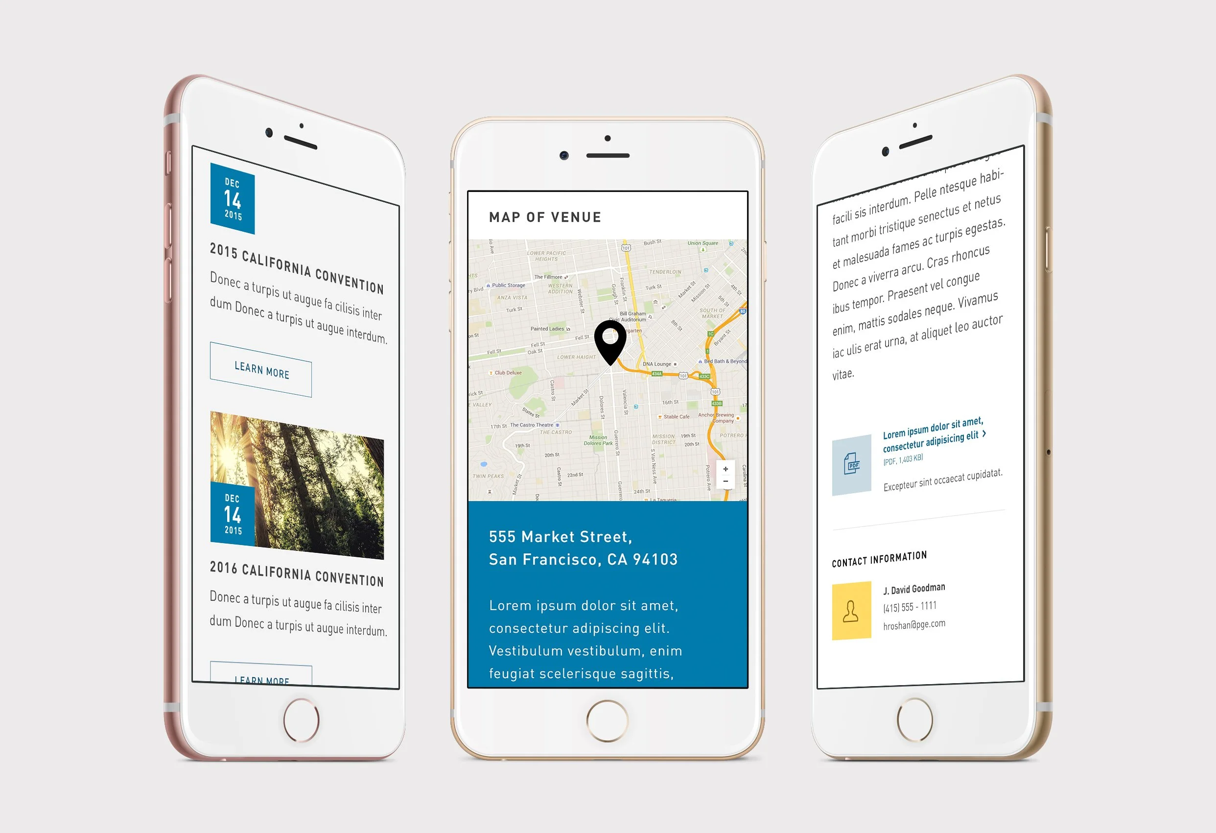 Mockup pge.com events page on three mobile devices.