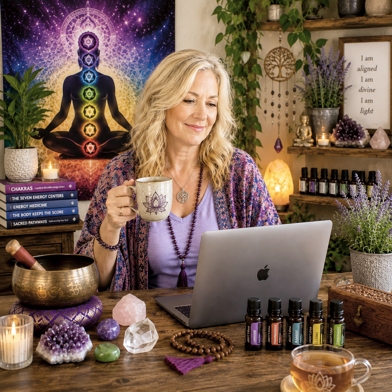 a middle age Caucasian female with chakra imagery in the background, crystals, sound bowl, essential oils, prayer beads, and a laptop and tea in front of her