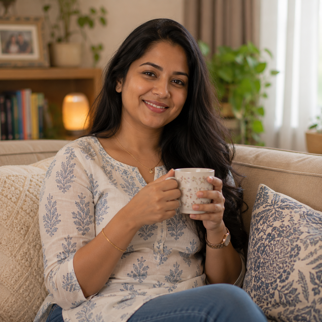 a young Indian woman sitting on a couch drinking tea and smiling
