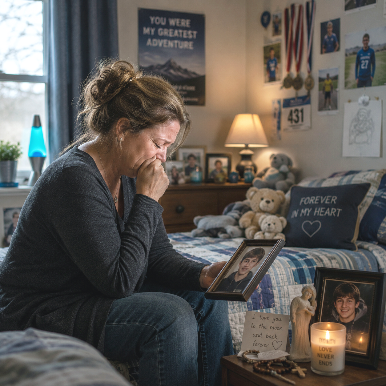 A woman, who has experienced child loss, is sitting on a bed, holding a framed photo of her deceased son, tears in her eyes and emotional. The bedroom has family photos, teddy bears, picture frames, candles, and motivational posters on the wall.