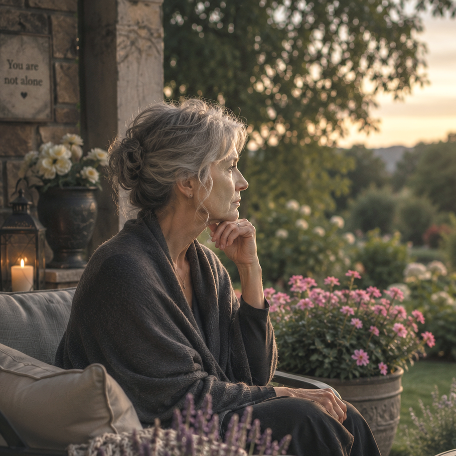 A widow with gray hair sits on a porch, gazing thoughtfully at a sunset outside surrounded by flowers and greenery, yearning to see her deceased spouse one more time.