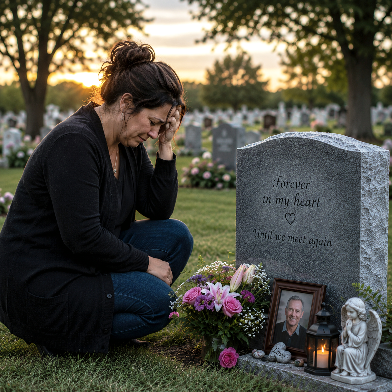 a woman grieving in a cemetery